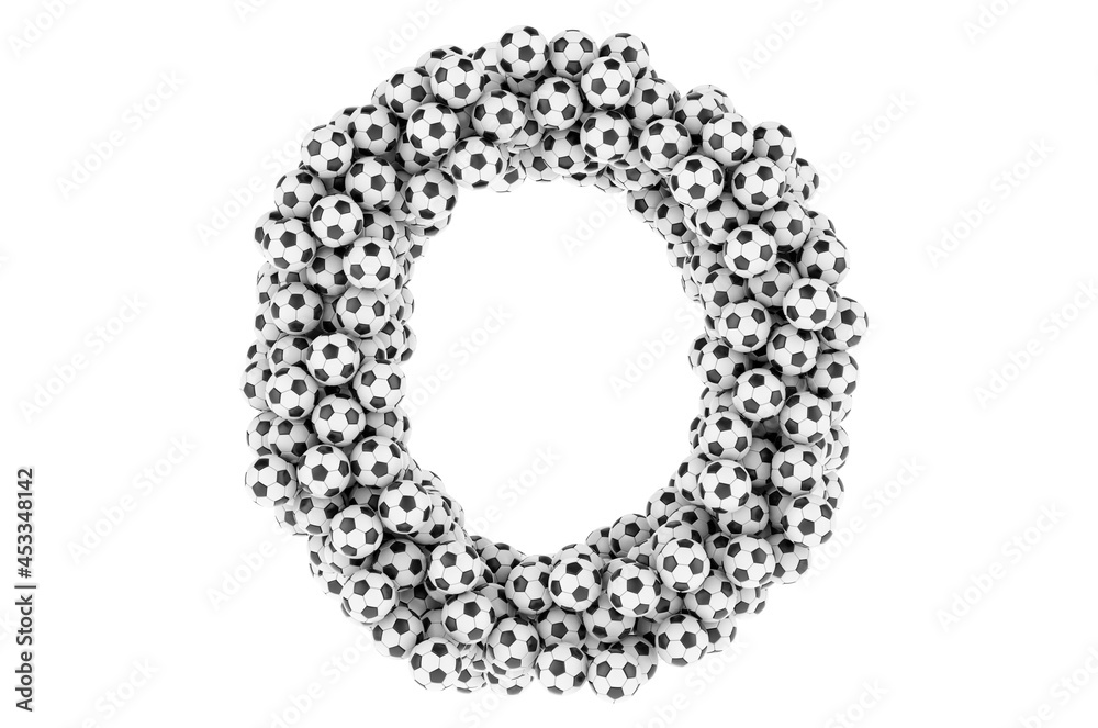 Letter O from soccer balls or football balls, 3D rendering
