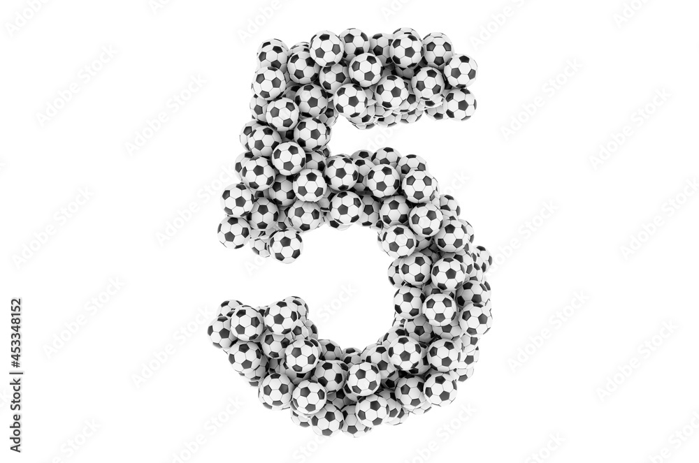 Number 5 from soccer balls or football balls, 3D rendering Number 5 from soccer balls or football balls, 3D rendering