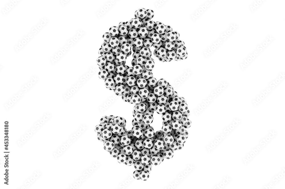 Dollar symbol from soccer balls or football balls, 3D rendering Dollar symbol from soccer balls or football balls, 3D rendering