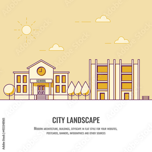 School. City landscape. City apartment house. Cityscape. Real estate concept. Yellow flat illustration. Line style. Flat vector illustration. Ecology. eps10. Trees.