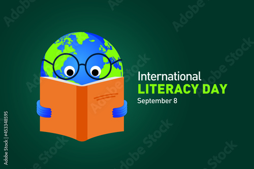 International Literacy Day Vector illustration of earth reading open book. Children education background or learning event concept.