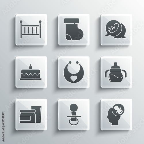 Set Baby dummy pacifier, bottle, bib, food, Cake with burning candles, crib cradle and icon. Vector