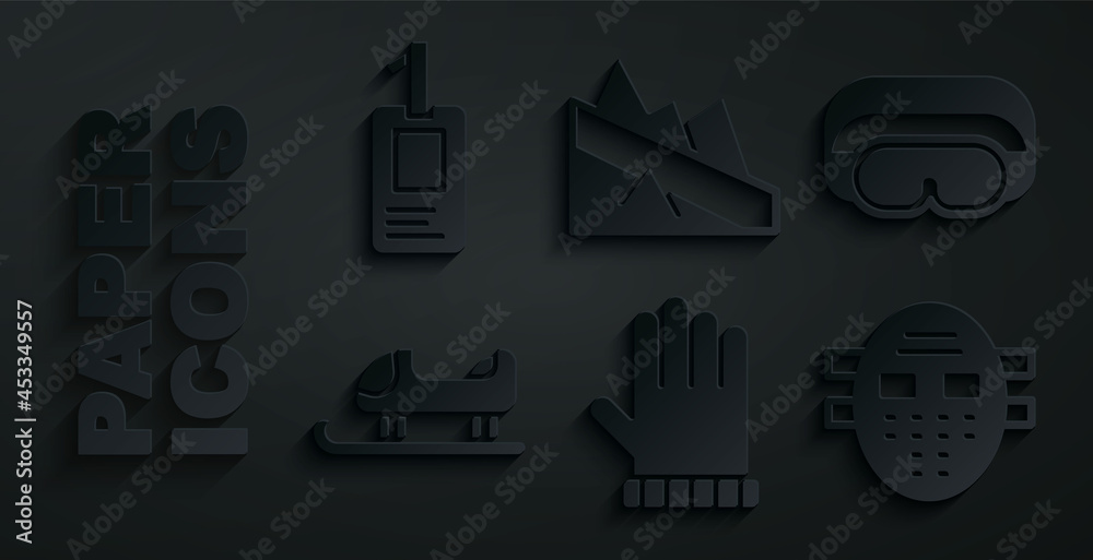 Set Christmas mitten, Ski goggles, Sled, Hockey mask, Mountain descent and Identification badge icon. Vector Set Christmas mitten, Ski goggles, Sled, Hockey mask, Mountain descent and Identification badge icon. Vector