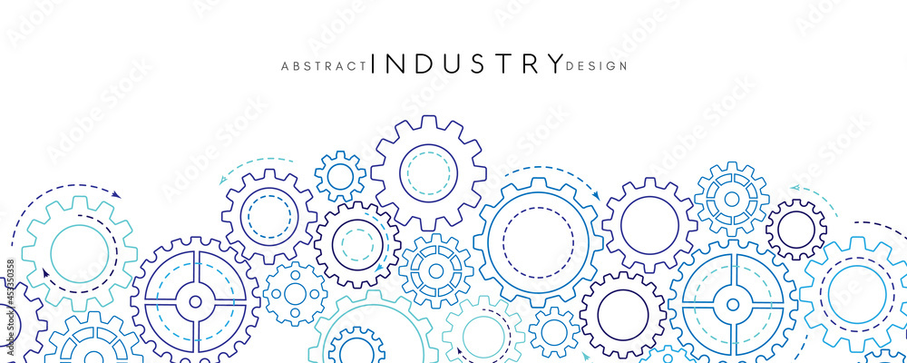 Technology abstract background from gearwheels composition. Horizontal light banner for teamwork, industrial, communication or automation conceptual design. - obrazy, fototapety, plakaty 