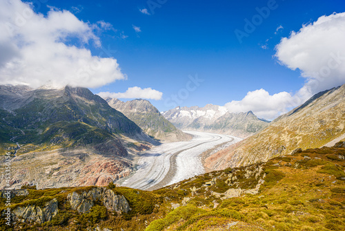 Panorama of the longest glacier in Europe - Aletsch Glacier in the Bernese Canton.