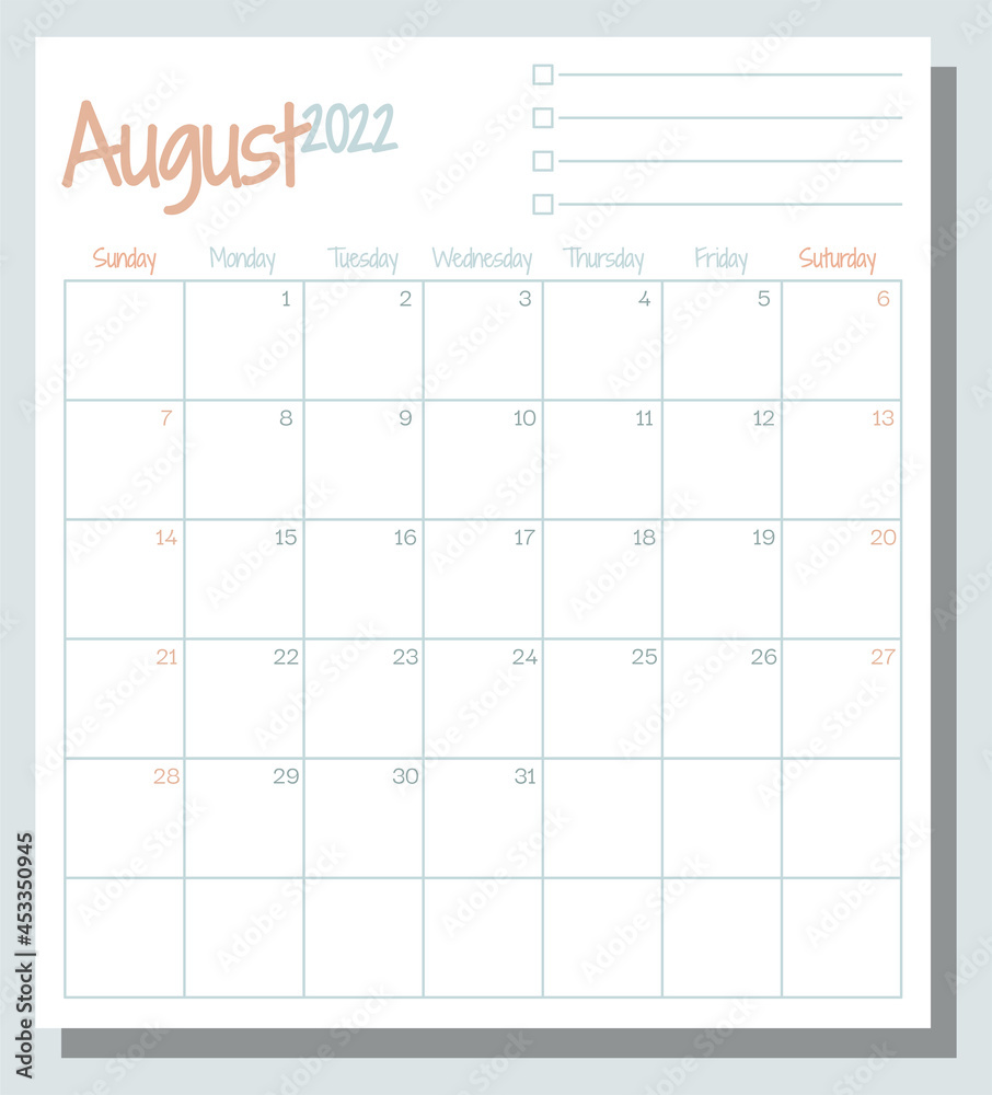 August 2022 calendar month planner with To Do List, week starts on Sunday, template, mock up calendar leaf illustration. Vector graphic page - obrazy, fototapety, plakaty 