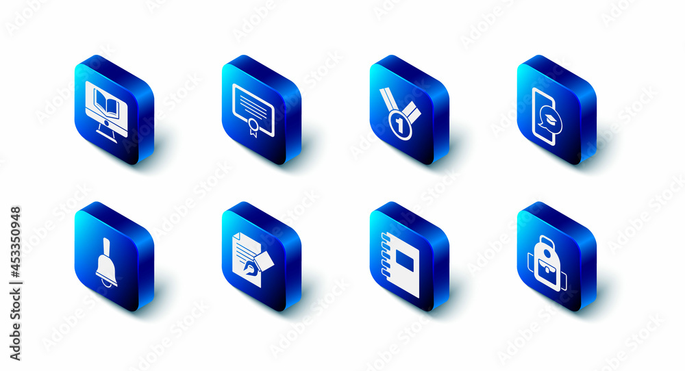 Set Certificate template, Medal, Graduation cap on mobile, School backpack, Spiral notebook, Exam sheet and pencil, Ringing bell and Online class icon. Vector Set Certificate template, Medal, Graduation cap on mobile, School backpack, Spiral notebook, Exam sheet and pencil, Ringing bell and Online class icon. Vector