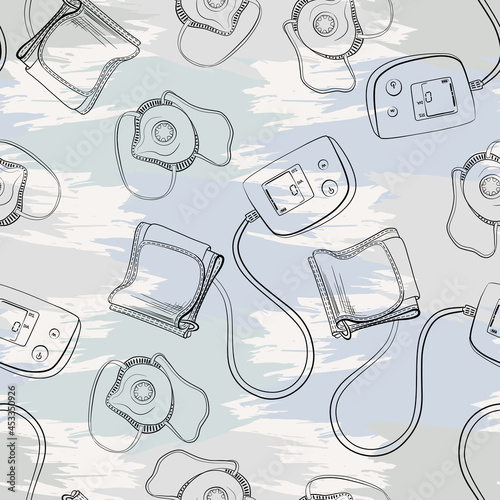 Seamless vector pattern with blood pressure meters and medicine protection masks on the grunge style background. Vector illustration