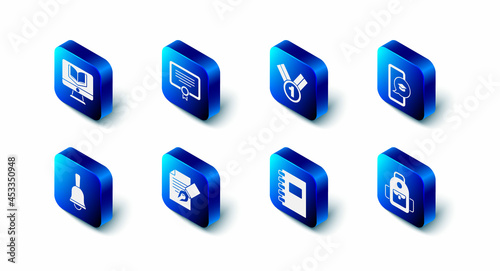 Set Certificate template, Medal, Graduation cap on mobile, School backpack, Spiral notebook, Exam sheet and pencil, Ringing bell and Online class icon. Vector