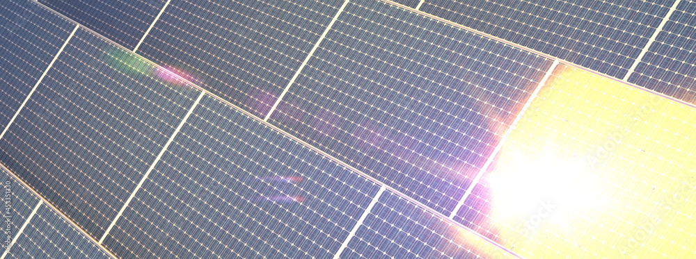 Closeup Of Solar Panels With Sunlight And Blue Sky Background 3d