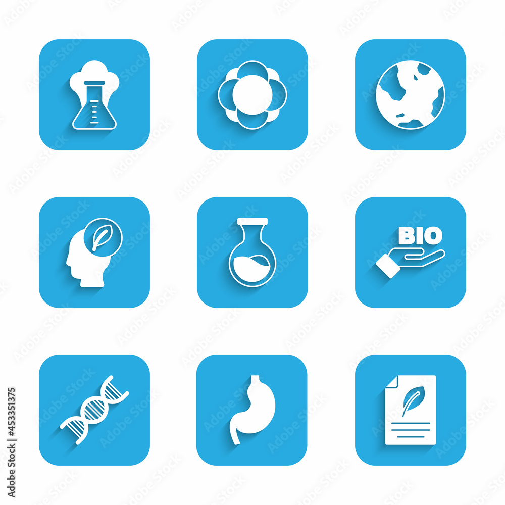 Set Test tube and flask, Human stomach, Eco paper with leaf, Bio healthy food, DNA symbol, head inside, Earth globe and Chemical explosion icon. Vector Set Test tube and flask, Human stomach, Eco paper with leaf, Bio healthy food, DNA symbol, head inside, Earth globe and Chemical explosion icon. Vector