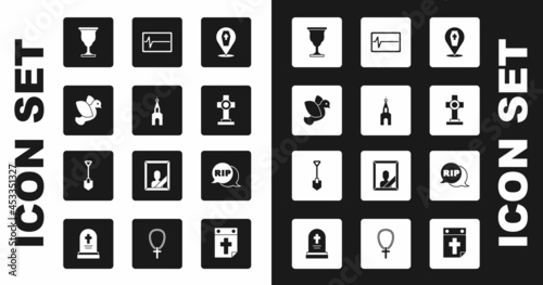 Set Coffin with cross, Church building, Dove, Christian chalice, Grave, Beat dead monitor, Speech bubble rip death and Shovel icon. Vector