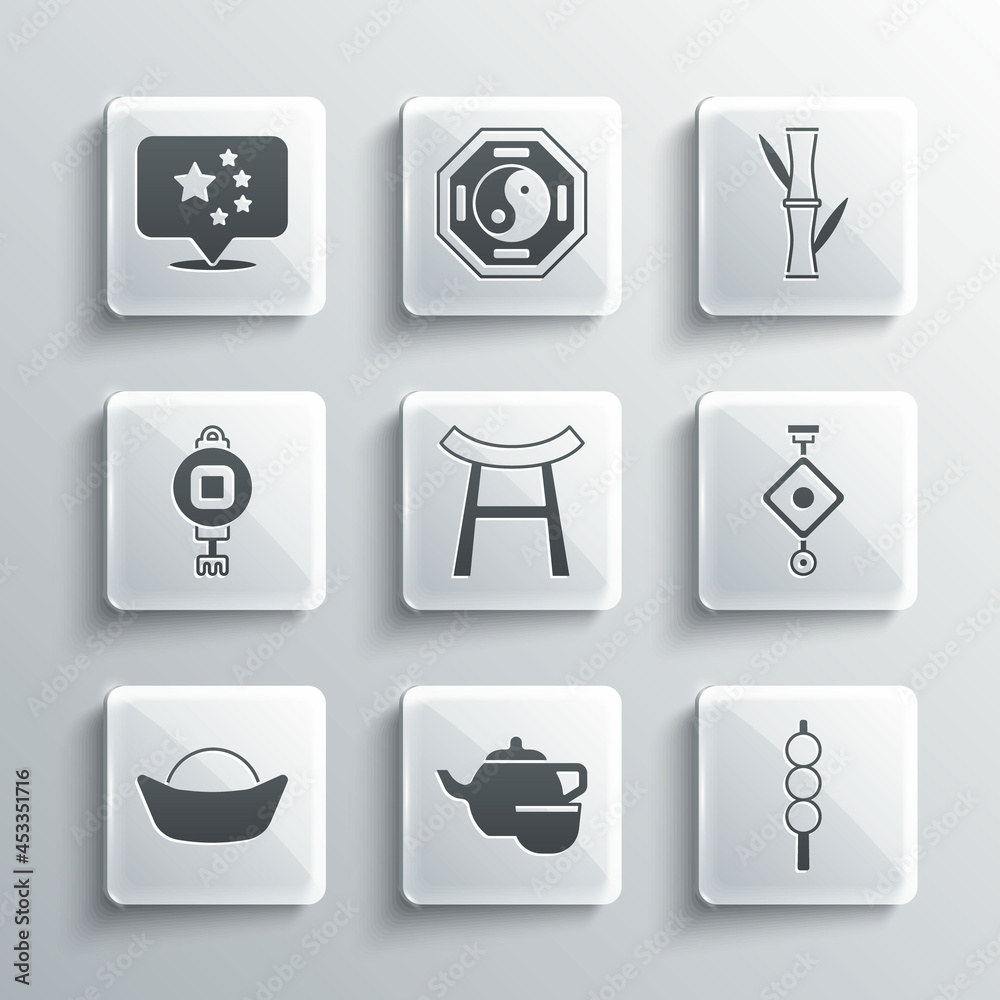 Set Chinese tea ceremony, Meatballs wooden stick, paper lantern, Japan Gate, Sushi, China flag and Bamboo icon. Vector Set Chinese tea ceremony, Meatballs wooden stick, paper lantern, Japan Gate, Sushi, China flag and Bamboo icon. Vector