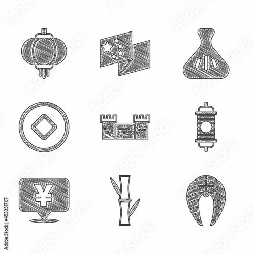 Set Great wall of China, Bamboo, Fish steak, Chinese paper lantern, Yuan currency, Dumpling and icon. Vector