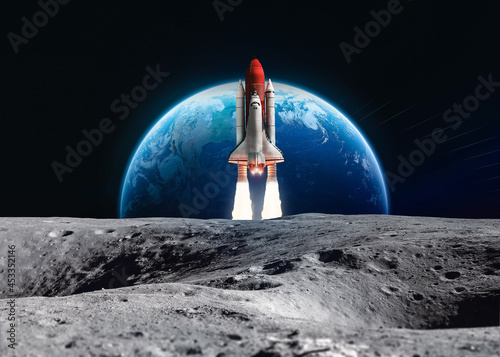 Fototapeta Naklejka Na Ścianę i Meble -  Spaceship in the outer space near Moon surface. Space shuttle in black space against Earth planet. Elements of this image furnished by NASA
