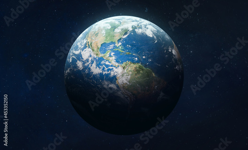 Fototapeta Naklejka Na Ścianę i Meble -  Earth planet in outer deep space. Orbit and atmosphere. Blue marble. Elements of this image furnished by NASA