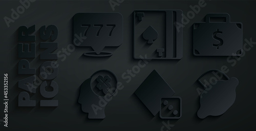 Set Game dice, Briefcase and money, Casino slot machine with clover, lemon, Deck of playing cards and Slot jackpot icon. Vector