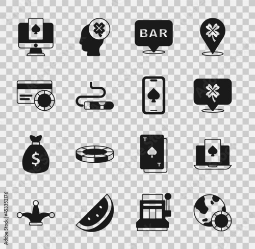 Set Casino chips, Online poker table game, slot machine with clover, Alcohol bar location, Cigar, Credit card, and icon. Vector