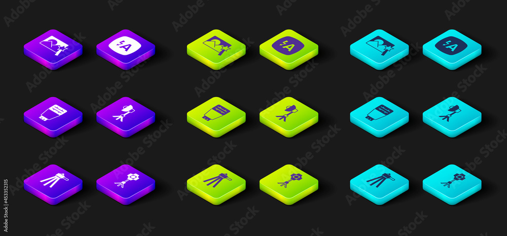 Set Tripod, Softbox light, Photo camera flash, Auto and retouching icon. Vector