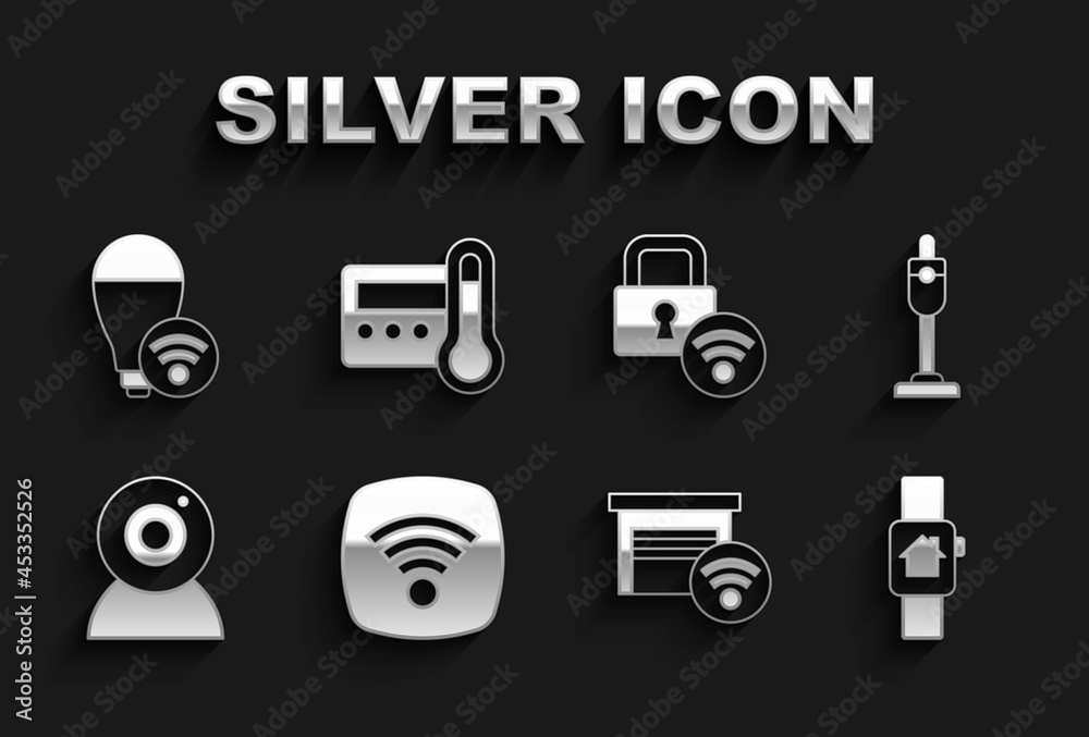 Set Wi-Fi wireless internet network, Vacuum cleaner, Smart home with smart watch, garage, Web camera, Digital door lock, light bulb and Thermostat icon. Vector Set Wi-Fi wireless internet network, Vacuum cleaner, Smart home with smart watch, garage, Web camera, Digital door lock, light bulb and Thermostat icon. Vector