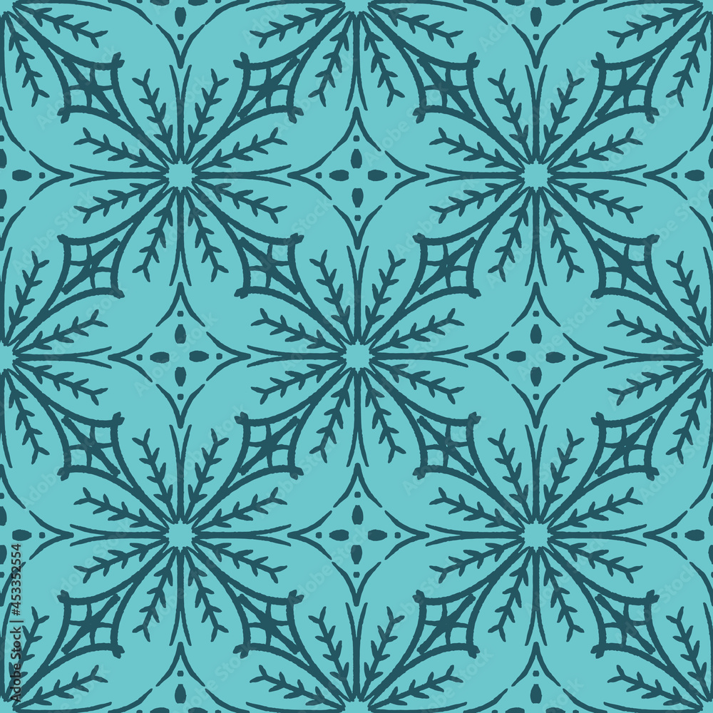 Blue azulejo winter snowflake seamless tile pattern with geometric abstract flowers background print. Vector illustration. Great for retro clothing and home decor projects. Surface pattern design.