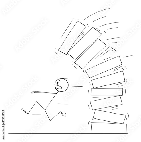 Person Running Away in Panic From Falling Pile of Boxes , Vector Cartoon Stick Figure Illustration