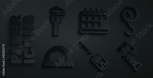 Set Laser distance measurer, Hand scale spring mechanical, Protractor, Measuring tape, Calendar and Calliper caliper icon. Vector