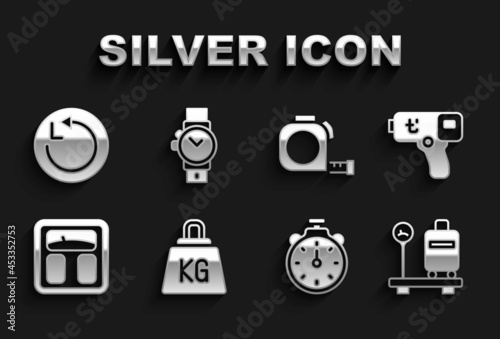 Set Weight, Digital thermometer, Scale with suitcase, Stopwatch, Bathroom scales, Roulette construction, Radius and Wrist icon. Vector