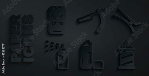 Set Shaving gel foam, Hair clip, Spray can for hairspray, Barber shop pole, Straight razor and online service platform icon. Vector