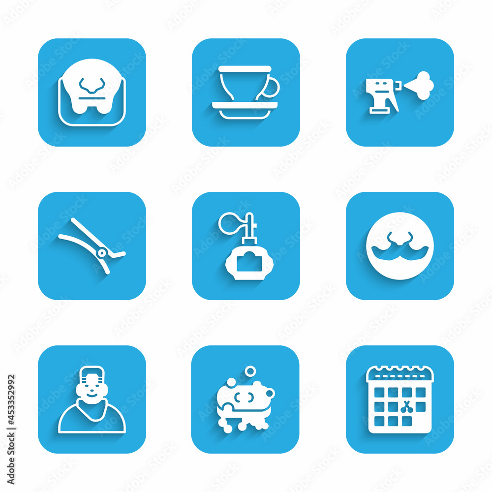 Set Aftershave, Bar of soap with foam, Calendar haircut day, Mustache, Client in barbershop, Hair clip, Hairdresser pistol spray bottle and and beard icon. Vector Set Aftershave, Bar of soap with foam, Calendar haircut day, Mustache, Client in barbershop, Hair clip, Hairdresser pistol spray bottle and and beard icon. Vector