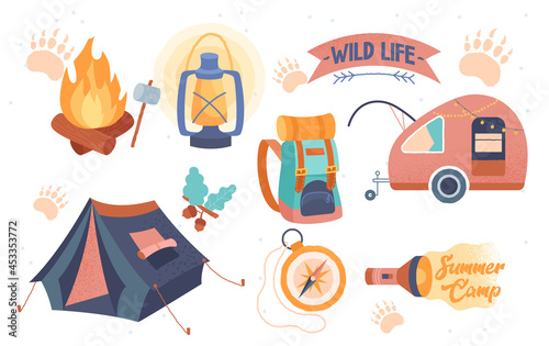 Stickers of tourist trip. Camping, Hiking, Adventure letterings. Tent, wagon, fire. Design elements for posters, postcards and banners. Cartoon flat vector collection isolated on white background
