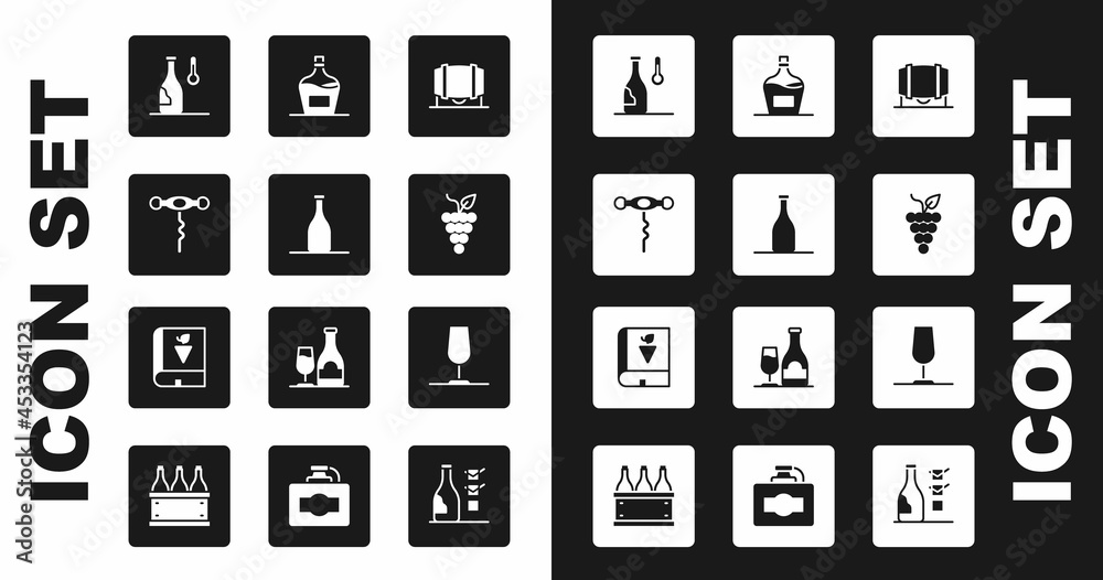 Set Wooden barrel for wine, Bottle of, Wine corkscrew, temperature, Bunch grapes, Old bottle, glass and Book about icon. Vector