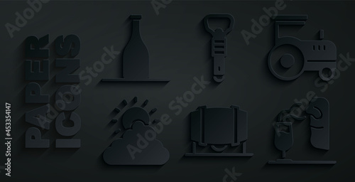 Set Wooden barrel for wine, Tractor, Sun and cloud weather, Sommelier, Bottle opener and of icon. Vector