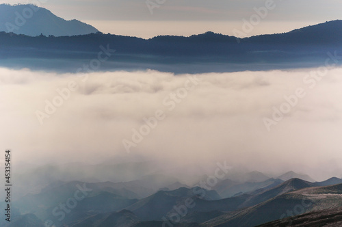 Fog over mountains volcano