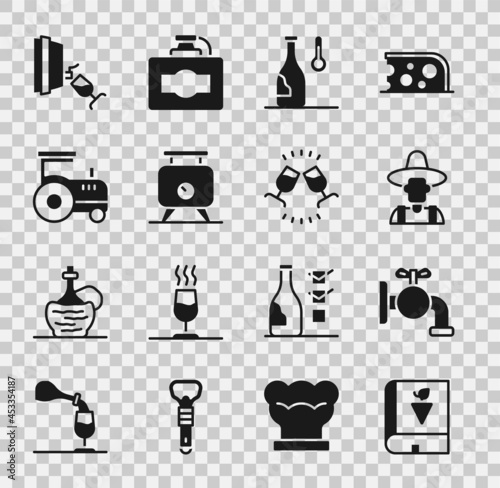 Set Book about grapes, Tap for barrel, Farmer in the hat, Wine temperature, Fermentation of, Tractor, tasting, degustation and icon. Vector