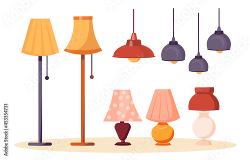 Lamps and chandeliers collection. Stickers of lighting devices for the house. Floor and table lamp. Design elements for interior of apartment. Cartoon flat vector set isolated on white background
