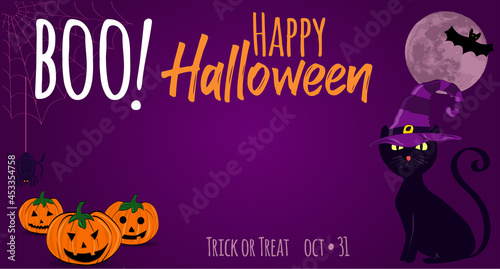Happy halloween card on purple background with lettering and orange pumpkins  full moon  magic cat with hat and bat