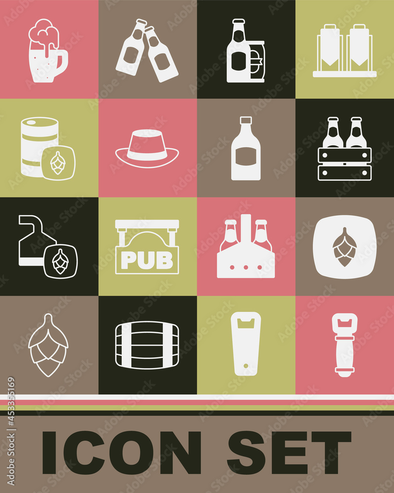 Set Bottle opener, Hop, Pack of beer bottles, Beer and can, Oktoberfest hat, Metal keg, Glass and icon. Vector Set Bottle opener, Hop, Pack of beer bottles, Beer and can, Oktoberfest hat, Metal keg, Glass and icon. Vector