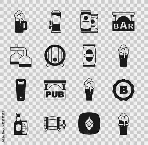 Set Glass of beer, Bottle cap with, Beer can, Wooden barrel, brewing process, mug and icon. Vector
