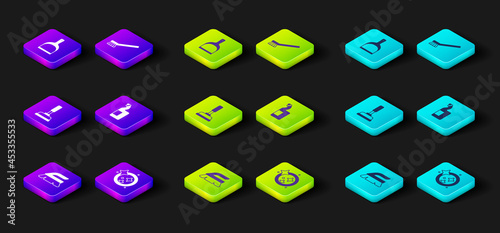 Set Brush for cleaning, Washing dishes, Rubber plunger, Dishwashing liquid bottle, and Dustpan icon. Vector