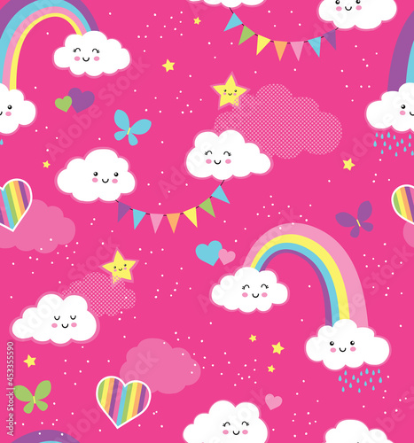Lovely Pink Rainbow Sky repeating vector pattern. A seamless repeat of happy clouds, rainbows, hearts and butterflies in fun girly colors.