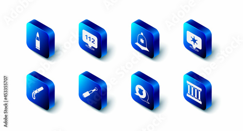 Set Telephone call 112, British police helmet, Hexagram sheriff, Prison window, Police badge, Telescopic baton, rubber and Bullet icon. Vector