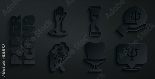 Set Armchair, Psychology, Psi, Man graves funeral sorrow, Old hourglass and Helping hand icon. Vector