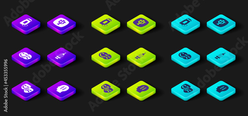 Set Comedy and tragedy masks, Solution to the problem, Addiction drug, Psychology, Psi and Sedative pills icon. Vector
