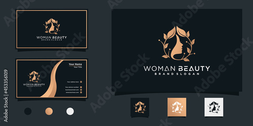 Natural Beautiful woman's face flower logo with gold gradient concept and business card design Premium Vector