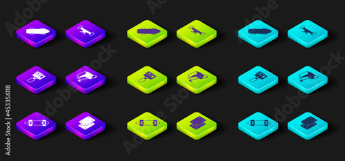 Set Longboard or skateboard, Knee pads, Action camera, Skateboard helmet, wheel and icon. Vector