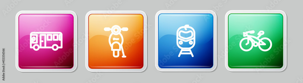 Set line Bus, Scooter, Train and railway and Bicycle. Colorful square button. Vector Set line Bus, Scooter, Train and railway and Bicycle. Colorful square button. Vector
