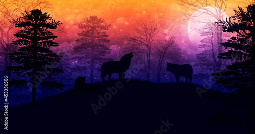 Fairytale landscape with silhouettes of wolves and trees, a magical dark forest, mystical night nature with fluffy clouds and a bright colorful sky, scenery with a big moon and bright stars.