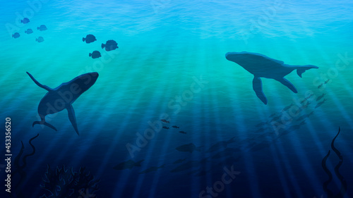 Underwater illustration with silhouettes of swimming whales and fish  seascape with endless emerald ocean and the sun s rays  deep water with waves  algae and corals on the bottom.