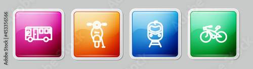 Set line Bus, Scooter, Train and railway and Bicycle. Colorful square button. Vector